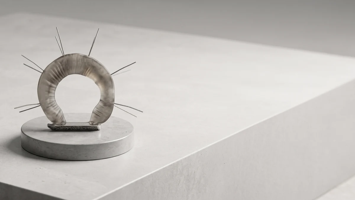 The LunaFlex synthetic meniscus, a translucent C-shaped implant with peripheral suture strands and a porous metal fixation bridge, standing on a circular plinth.